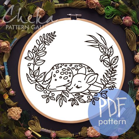 A fawn in the leaves. Autumn embroidery pattern. Sleeping Deer, hand embroidery pattern. Hand embroidery, simple embroidery pattern by ChekaPatternPDF on Etsy Forest Animal Embroidery, Embroidery Forest Animals, Deer Embroidery Pattern, Fawn Embroidery Pattern, Elk Embroidery, Stitch Gift, Instagram Tags, Types Of Stitches, Simple Embroidery