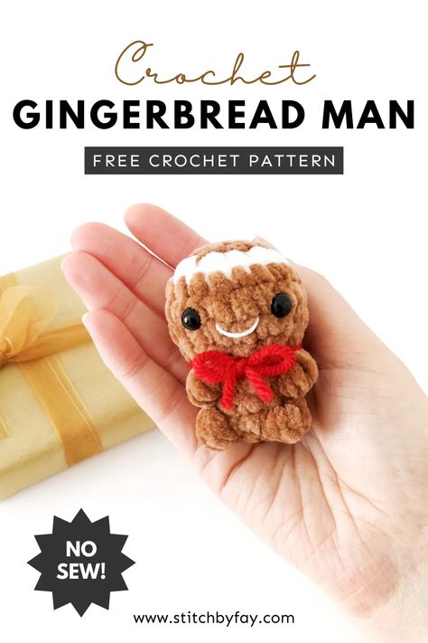 No-Sew Crochet Gingerbread Man Pattern (Free!) Amigurumi Gingerbread Man, Crochet Ornaments Free Pattern, Crochet Gingerbread Man, Gingerbread Man Free, Gingerbread Man Pattern, Crochet Gingerbread, Small Crochet Gifts, Quick Crochet Gifts, Holiday Crochet Patterns