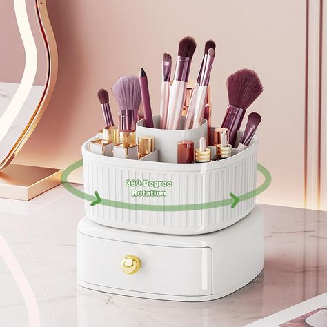 PRICES MAY VARY. 360-DEGREE ROTATE DESIGN: The HSSPANFN makeup organizer cup can be rotated up to 360 degrees. Smooth rotation without delay, easier to pick up, meets your daily needs and makes storage organized and within reach. ULTRA-LARHE CAPACITY: This makeup brush holder has 5 separate compartments and a drawer, designed to meet all your needs. You can easily separate and store various items. The capacity of the makeup brush holder exceeds your imagination, making it perfect for storing mak Makeup Holder Organizers, Organizer Makeup, Makeup Holder, Makeup Brush Holder, Bedroom Desk, Vanity Bathroom, Makeup Brush Holders, White Desks, Makeup Organizer