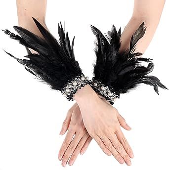 COMNICO Feather Wrist Cuffs for Women, 1Pair Gothic Floral Lace Wings Gloves Bracelets Wristband Feather Arm Sleeve Black Wrist Cuffs for Party Cosplay Halloween Swan Witch Costume Accessory Black Feather Headpiece, Campfire Party, Lace Wings, Feather Cuffs, Raven Cosplay, Raven Feather, Gothic Floral, Arm Accessories, Feather Headpiece