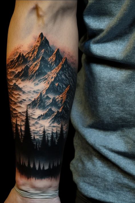 Tattoo With Trees And Mountains, Moutain Tattoos Men Forearm, Mountains Tattoo Men, Guy Tattoos Arm, Realistic Mountain Tattoo Design, Mountain Skyline Tattoo, Moutain Tattoos Men, Mountains Tattoo Sleeve, Hamstring Tattoo For Men