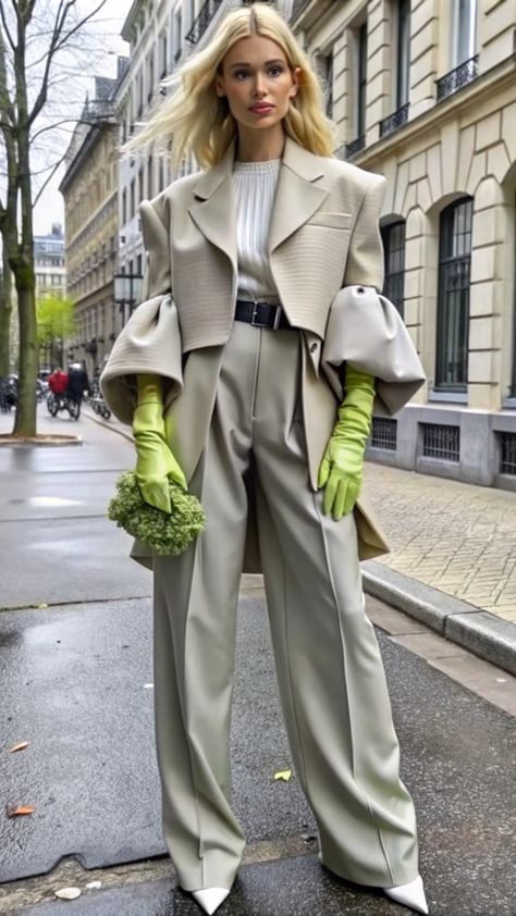 Woman in a chic beige and green street-style outfit, perfect for urban fashionistas Unique Pants Outfits, Unique Fashion Design, Chic Winter Outfits Street Style, Structured Clothing, Structure Clothing, Modest Street Fashion, Classy Street Style, Green Gloves, Beige Outfit