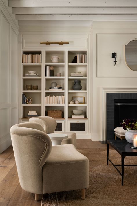 How to Style Built-in Cabinets - Studio McGee Amber Interiors Bookshelf Styling, Built In Look Bookshelves, Built In With Desk Living Room, Display Built In Cabinets, Modern Traditional Interior Design Style, Window Seat With Built In Bookcases, Traditional Built In Bookshelves, Mid Century Modern Library Room, Foyer Built In