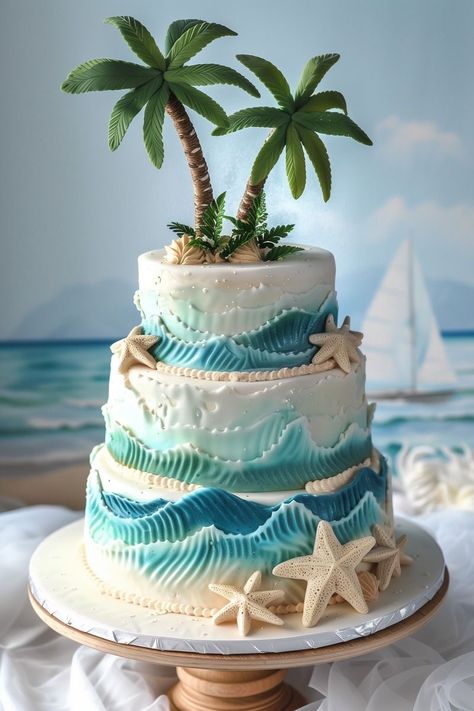 Ocean Wedding Cake Ideas, Cute Fondant Cakes Birthdays, Beach Fondant Cake, Palm Tree Wedding Cake, Palm Tree Birthday Cake, Beach Cakes Ideas, Beachy Wedding Cake, Beachy Birthday Cake, Tropical Cake Ideas