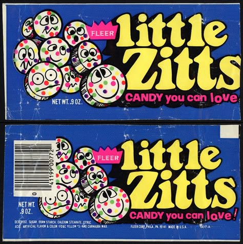 Fleer - Little Zitts candy package - late 1970s Candycore Aesthetic, Kate Moross, Sweet Packaging, Neo Retro, Vintage Sweets, Pizza Branding, Retro Packaging, Candy Poster, Retro Candy