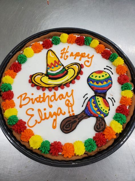 Mexico Cake Ideas, Fiesta Cookie Cake, Simple Mexican Theme Cake, Three Esta, Doodle Cake, Mexican Fiesta Birthday Party, Giant Cookies, Half Sheet Cake, Mexican Bridal Showers