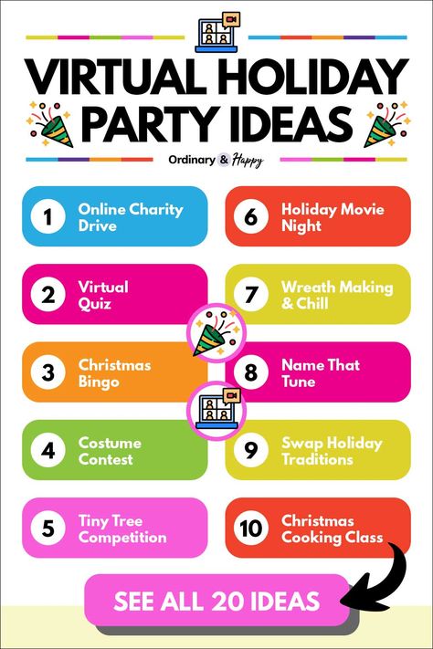 Office Holiday Activity Ideas, Virtual Christmas Party Ideas, Virtual Work Holiday Party Ideas, Virtual Christmas Games For Work, Virtual Work Christmas Party Ideas, Virtual Holiday Party Ideas, Virtual Holiday Party Games, Virtual Office Christmas Party Ideas, Virtual Christmas Party Games