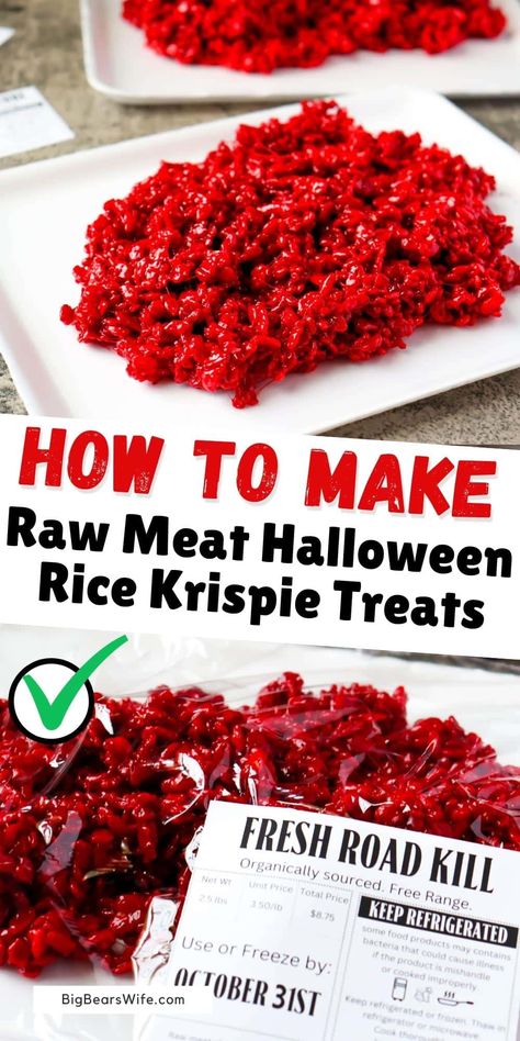 Creepy out your friends and family by serving up platters of Raw Meat Halloween Rice Krispie Treats this year for Halloween! Red Velvet Rice Krispie Treats serves on (clean and unused) meat trays with "road kill" labels will have them running for the hills! via @bigbearswife Raw Meat Rice Krispie Labels, Red Velvet “raw Meat” Rice Krispies Halloween Treat, Creepy Rice Krispie Treats, Road Kill Rice Krispie Labels, Road Kill Rice Krispie, Rice Krispies Halloween Treats, Meat Rice Crispies, Rice Crispies Halloween Treats, Red Halloween Treats