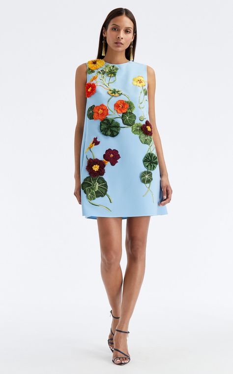 Embroidered Stretch-Wool Mini Dress By Oscar De La Renta | Moda Operandi Pre Fall, Wedding Guest Outfit, Moda Operandi, Fashion Collection, What To Wear, Sewing Projects, Blue Color, Mini Dress, Wool