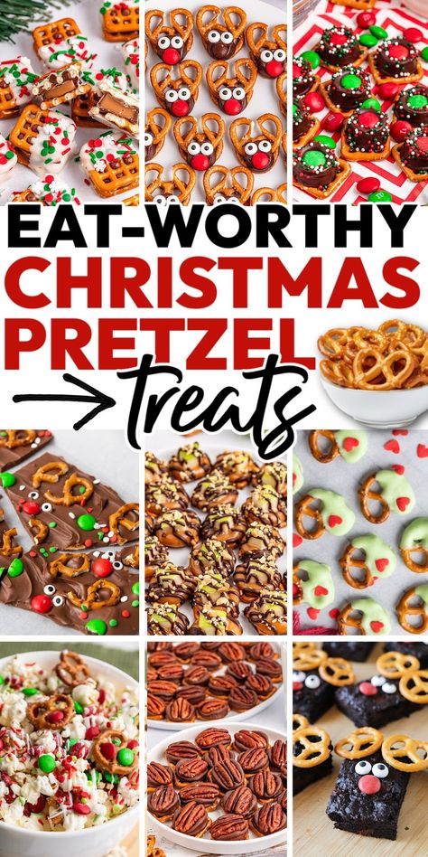 Holiday Pretzel Treat Ideas for a Christmas Party Christmas Candy Pretzels, Reindeer Pretzel Treats, Christmas Treats With Pretzels, Treats With Pretzels, Covered Pretzels Christmas, Christmas Desserts Pretzels, Christmas Dessert Ideas For Party, Pretzels Treats, Holiday Pretzel Treats