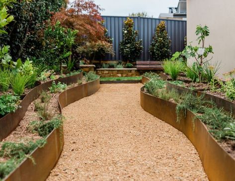 Manuka Gardens – Design Construct Maintain Tiered Vegetable Garden, Big Garden Ideas, Garden On A Slope, Steel Garden Edging, Australian Garden Design, Productive Garden, Australian Native Garden, Sloped Yard, Hillside Garden