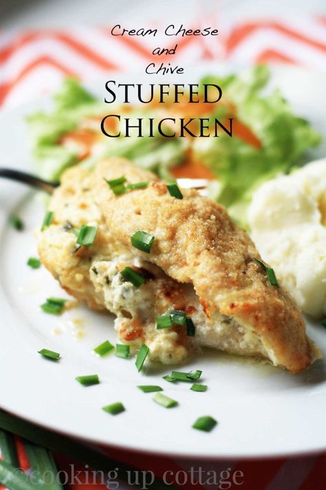 Today I am featuring a scrumptious stuffed chicken recipe that is packed with cream cheese, chives and then coated with breadcrumbs.  I love chicken  and cream cheese, which makes this recipe the perfect paring of these two delicious ingredients... Cream Cheese Chicken Recipes, Breadcrumbs Chicken, Chive Cream Cheese, Cream Cheese Spread Recipes, Chicken And Cheese Recipes, Chives Recipe, Oven Chicken Recipes, Cheese Stuffed Chicken, Philadelphia Cream Cheese