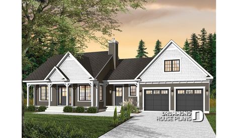 Color version 6 - Front of house plan 3620 Upstairs Master Suite, Workout Room Home, Drummond House Plans, Basement House Plans, House Plans One Story, Ranch Style House Plans, Country Style House Plans, Corner Fireplace, Country House Plan