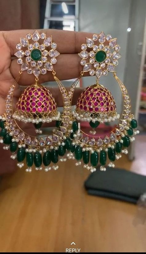 Gorgeous one gram gold earrings with jumkhi hangings. Earrings studded with multi color CzS. Gold Hanging Earrings Indian, One Gram Gold Earrings, 13 December, Indian Jewelry Earrings, 11 December, Heavy Earrings, Antique Jewellery Designs, Gold Necklace Indian Bridal Jewelry, Indian Jewellery Design Earrings