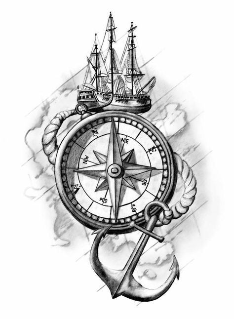 large-ship-compass-tattoos-for-men-black-white-drawing-map-of-the-world Anker Tattoo Design, Drawing Roses, Marine Tattoo, Compass Drawing, Compass Rose Tattoo, Anchor Tattoo Design, Pirate Tattoo, Polynesian Tattoos, Compass Tattoo Design