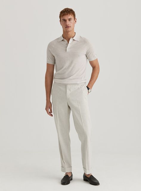 A refined yet casual summer look with a beige polo and off-white pants, perfectly contrasted by black slipper loafers. Ideal for achieving a polished appearance that feels effortlessly stylish. Beige Polo Outfit Men, White Polo Shirt Outfit Men, White Polo Outfit, White Polo Shirt Outfit, White Outfit Casual, Polo Outfit Men, Polo Shirt Outfit Men, Slipper Loafers, Polo Shirt Outfits