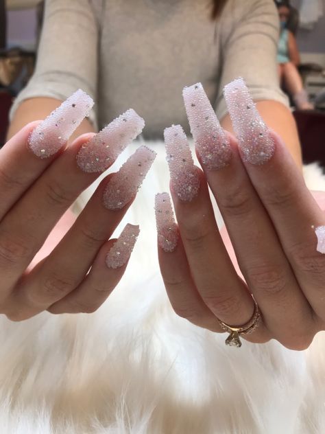 White Crystal Nails, Pixie Beads Nails, Crystal Clear Acrylic Nails, Crystals Nails Design, Pixie Crystal French Tip Nails, Pixie Nails, Crystal Nail Designs, Crystal Inspired Nails, White Nails With Rime Stones