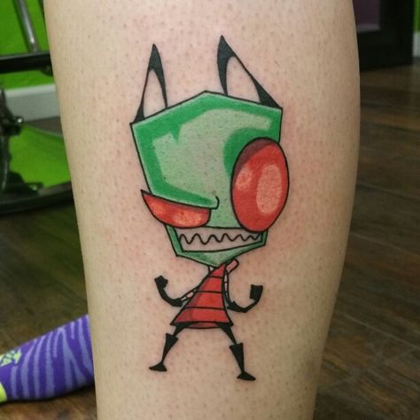 Invader Zim tattoo by Justine Clark- Sick Precision Tattoo, Lewiston Idaho Invader Zim Tattoo Ideas, Invader Zim Tattoo, Zim Tattoo, Tattoo Nightmares, Leg Tats, Lewiston Idaho, Ufo Tattoo, Cute Matching Tattoos, Smoky Eye Makeup Tutorial