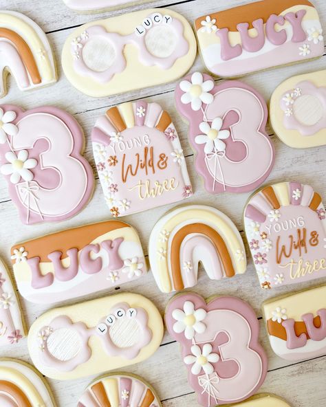 Lynn (@the.craftedcookie) • Instagram photos and videos Threenager Cookie Ideas, Threenager Cookies, Groovy Birthday Party Cookies, Groovy Theme Cookies, Groovy Birthday Cookies, Young Wild And Three Birthday Cookies, Young Wild And Three Cookies, 3rd Birthday Cookies, Frosting Cookies