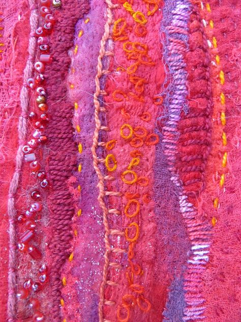 JaneVille - detail "Red"  by Jane LaFazio Yarn Ribbon And Thread, Lace Background, Textile Wall Hangings, Creative Textiles, Textile Fiber Art, Art Quilt, Art Textile, Fabric Art, Art Quilts