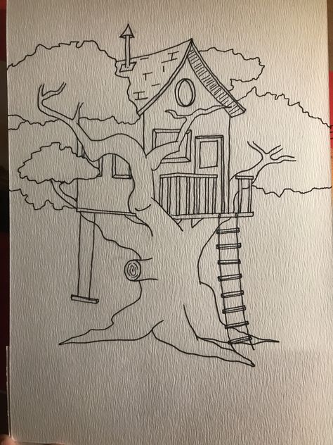 Tree house sketch with fine liner Tree House Sketch, Tree House Drawing, Simple House Drawing, House Design Drawing, Nature Art Drawings, House Sketch, Cool Pencil Drawings, Art Drawings Sketches Pencil, Easy Doodles Drawings