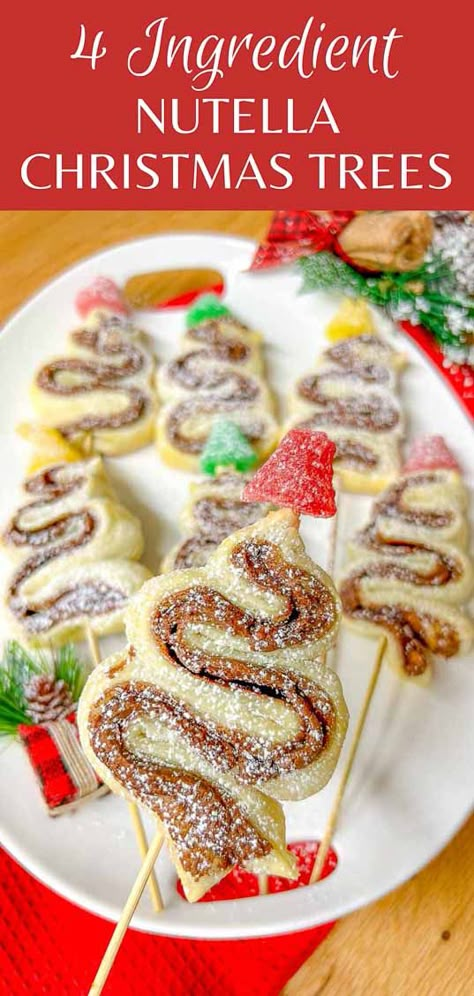 Nutella Pastry Christmas Trees Nutella Christmas Star Puff Pastry, Nutella Christmas Trees, Nutella Christmas Tree Crescent Rolls, Crescent Roll Nutella Christmas Tree, Nutella Christmas Recipes, Nutella Christmas Tree Puff Pastry, Nutella Pinwheels, Nutella Christmas Tree, Christmas Cookie Exchange Ideas