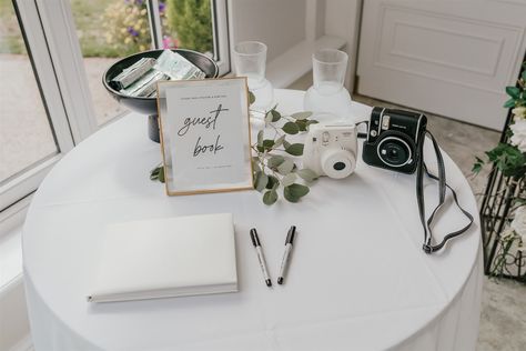 Instax Camera Wedding Guest Books, Polaroid Photo Table Wedding, Wedding Polaroid Guest Book Station, Wedding Photo Corner Decor, Guest Book Station Wedding, Wedding Reception Polaroid Table, Polaroid Camera Station Wedding, Modern Wedding Guest Book Table, Polaroid Guest Book Wedding Table