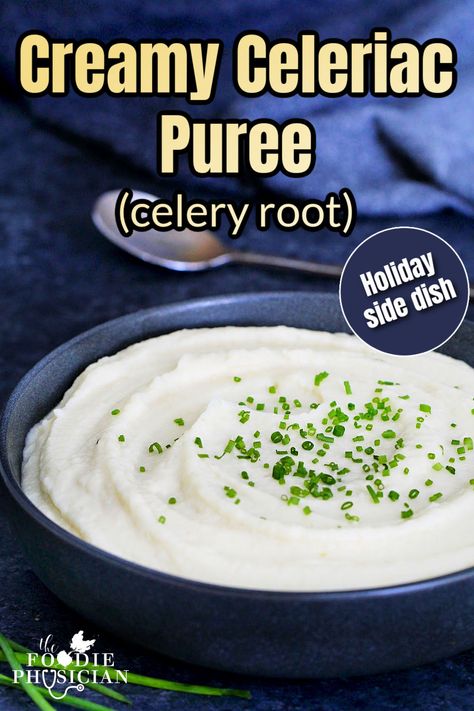 This creamy celeriac (celery root) puree is a delicious and healthy side dish that's a lower-carb alternative to classic mashed potatoes. It's the perfect side dish to elevate any meal and is an excellent addition to your holiday table. Celery Root Puree, Classic Mashed Potatoes, Healthy Side Dish, Celery Root, Vegetarian Side Dishes, Side Dishes Recipes, Holiday Side Dishes, Healthy Side, Thanksgiving Sides