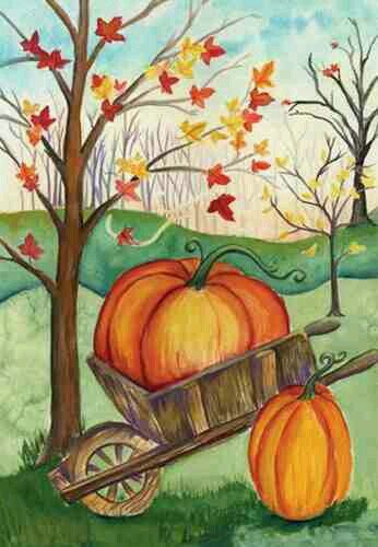 Cutest Pumpkin painting ever! Autumn trees and wheel barrel beginner painting idea. Fall Canvas Painting, Flag Store, Fall Canvas, Halloween Painting, Halloween Drawings, Autumn Painting, Garden House, Night Painting, Beginner Painting