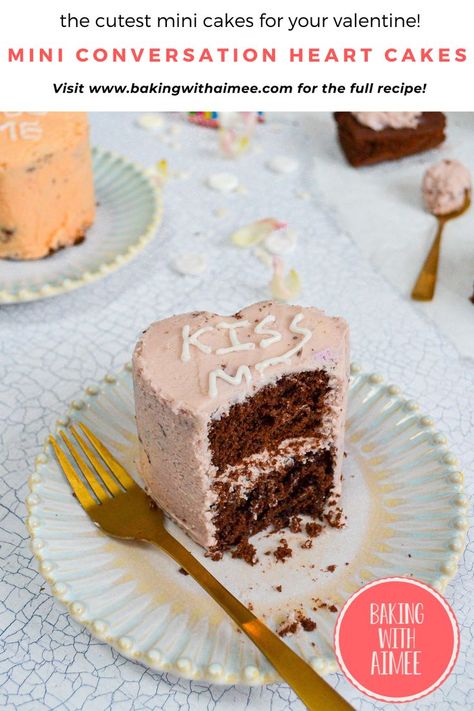 Mini heart shaped chocolate cakes with purple buttercream, with a big bite taken out of it showing the layers Mini Heart Cake Recipe, Mini Heart Cake, Sharing Dessert, Heart Cake Recipes, Small Batch Cooking, Heart Cakes, Conversation Heart, Heart Cake, Cake Board