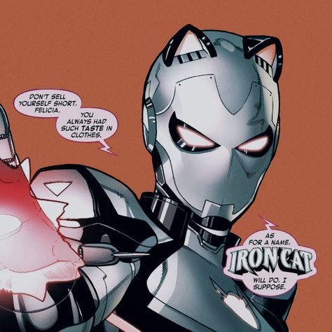 Iron Cat Marvel, Cat Superhero Character Design, Marvel Comics Icons, Iron Man Comics, Iron Spiderman, Comic Pfp, Cat Superhero, Iron Cat, All Spiderman