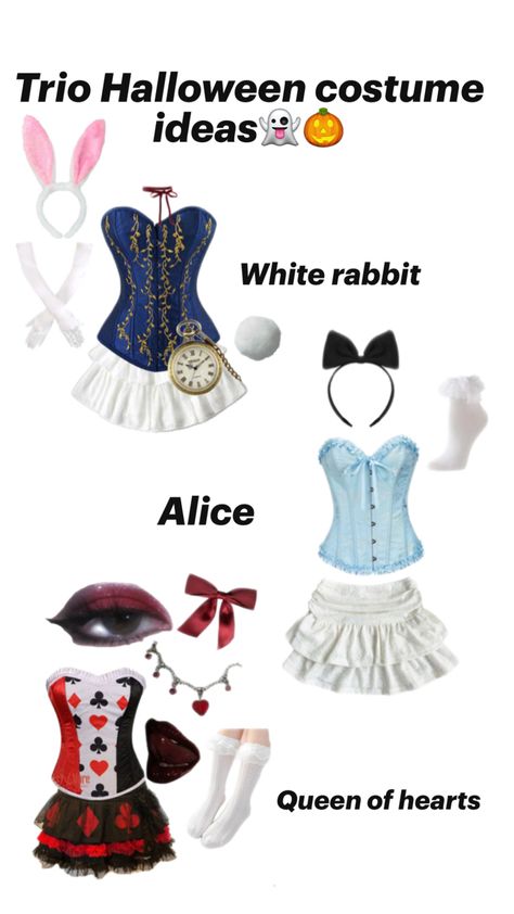 Trio Alice in wonderland costume Alice In Wonderland Inspo Outfits, Cute Alice In Wonderland Costume, Alice In Wonderland Trio Costume, Alice In Wonderland Characters Costumes, Alice And Wonderland Costumes, Trio Cosplay, Alice In Wonderland Group Costume, Alice In Wonderland Costume Ideas, Girly Costumes