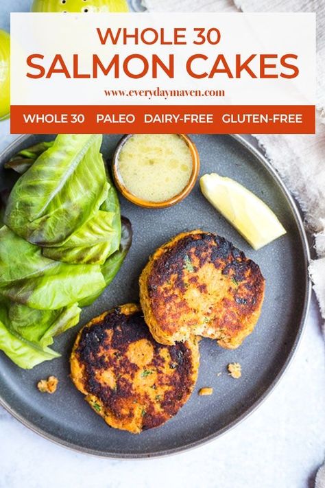 These easy Paleo Salmon Cakes are loaded with flavor and can be pan-fried or baked in the oven. You can freeze the salmon cakes before or after cooking for an easy freezer meal. Whole30 compatible!    #salmoncakes #paleosalmoncakes #whole30salmoncakes #salmonpatties #cannedsalmon #salmonrecipe #salmonburgers #glutenfreesalmon #dairyfreesalmon Salmon Canned Recipes, Whole 30 Salmon Cakes, Canned Recipes, Pan Fried Trout, Paleo Salmon Cakes, Salmon Recipes Oven, Gluten Free Salmon, Paleo Salmon, Keto Seafood Recipes