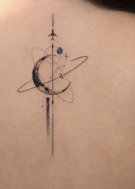 Heliophilia Tattoo, Moon Tattoo Designs Men, Gemotric Tattoos, Space Tattoos Men, Small Space Tattoo Ideas, Proton Tattoo, Innerbloom Tattoo, Geometric Space Tattoo, Space Themed Tattoos