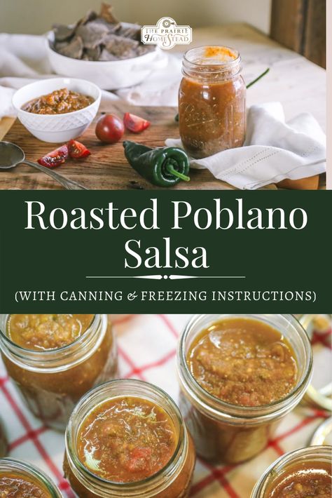 Roasted Poblano Salsa (with canning instructions) Roasted Salsa Canning Recipe, Canning Poblano Sauce, Roasted Poblano Salsa, Pablano Pepper Canning, Preserve Poblano Peppers, Poblano Canning Recipes, Preserving Pablano Pepper, Canning Poblano Peppers, Pablano Pepper Canning Recipes