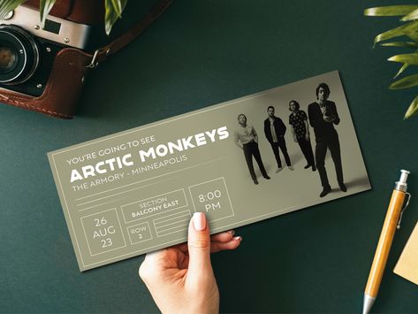 Personalised Arctic Monkeys concert ticket keepsake with attendee name and custom message. Perfect for fans of the iconic band to commemorate a special gig. Arctic Monkeys Tickets, Arctic Monkeys Concert, Gig Tickets, Custom Tickets, Concert Ticket, Concert Tickets, Make A Gift, Surprise Gift, Arctic Monkeys