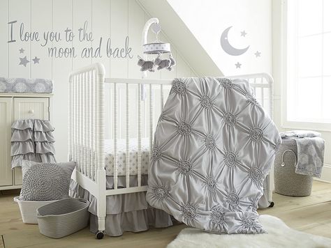 Levtex Baby - Willow Crib Bed Set - Baby Nursery Set - Grey - Soft Rosette Pintuck - 5 Piece Set Includes Quilt, Fitted Sheet, Diaper Stacker, Wall Decal and Crib Skirt/Dust Ruffle #beddingaccessories Grey Crib, Crib Bedding Boy, Large Wall Decals, Bedding Sets Grey, Baby Boy Bedding, Nursery Bedding Sets, Dust Ruffle, Crib Sets, Nursery Set