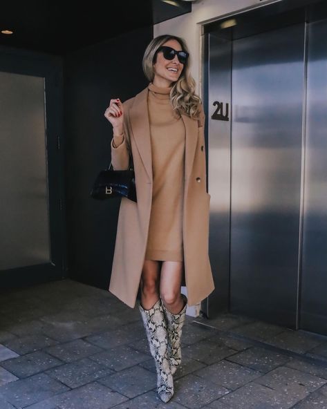 Relaxed-fit, calf-length dress in … curated on LTK Fall Color Combinations, Camel Blazer, Snake Print Boots, Calf Length Dress, Camel Coat, Happy Monday, Wearing Dress, Elegant Style, Fall Colors