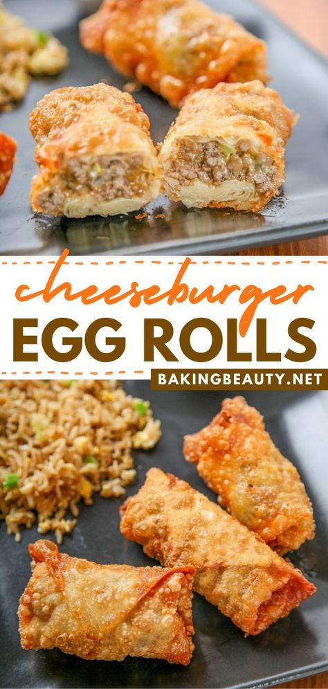 Learn how to make these cheeseburger eggrolls as your Thanksgiving appetizer! This easy eggroll recipe makes perfectly seasoned ground beef and melty cheese inside an ultra-crispy shell. Savor fast food and Chinese flavors in this best recipe! Cheeseburger Egg Rolls Recipe, Cheeseburger Egg Rolls, Egg Rolls Recipe, Homemade Cheeseburgers, Egg Roll Recipes, Waffle Cone, Snack Dip, Melty Cheese, Fast Dinners