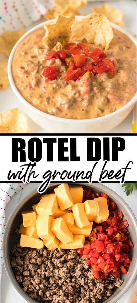 Football Food With Ground Beef, Spicy Rotel Dip With Ground Beef, Rotel With Ground Beef, Best Rotel Dip With Ground Beef, Appetizer Recipes With Ground Beef, Easy Dinner Recipe With Ground Beef, Ground Beef And Rotel Recipes, Baked Rotel Dip, Best Nachos Recipe Ground Beef