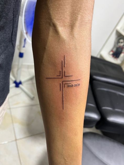 Arm Tattoo Men Minimal, Arm Tattoos Cross, Christian Tattoos Men, Gemini Tattoo Designs, Biblical Tattoos, Freedom Tattoos, Wrist Tattoo Ideas, Line Tattoo Ideas, Verse Tattoos