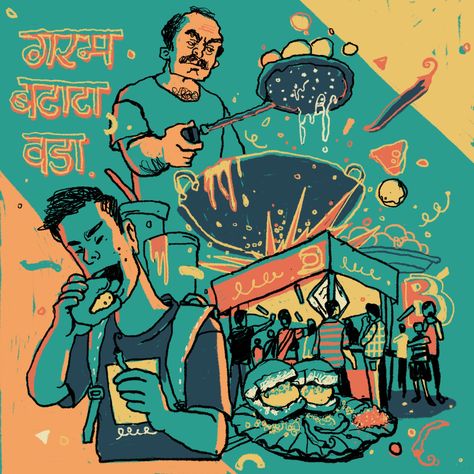 Food Festival Illustration, Indian Street Food Illustration, Vadapav Illustration, Vada Pav Illustration, Indian Food Illustration, Mumbai Illustration, Street Food Poster, Street Food Illustration, Food Mural