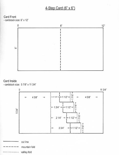 Template for a 4-Step Card (6" x 6") ~ makes an interior pop-up of 4 steps. Download the pdf. By From My Craft Room Room Template, Side Step Card, Stepper Cards, Step Card, Fancy Fold Card Tutorials, Card Making Templates, Grad Cards, Step Cards, Interactive Cards