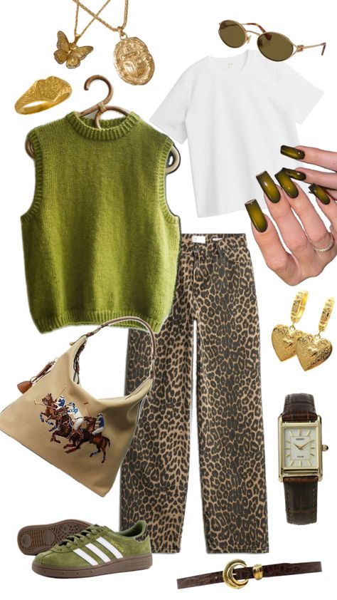 Green With Leopard Outfit, Leopard Print And Green Outfit, Green Dress Autumn Outfit, Funky Casual Work Outfits, Business Casual Fun Outfit, Marketing Office Outfits, Quirky Minimalist Fashion, How To Style Leopard Shoes, Leopard And Green Outfit