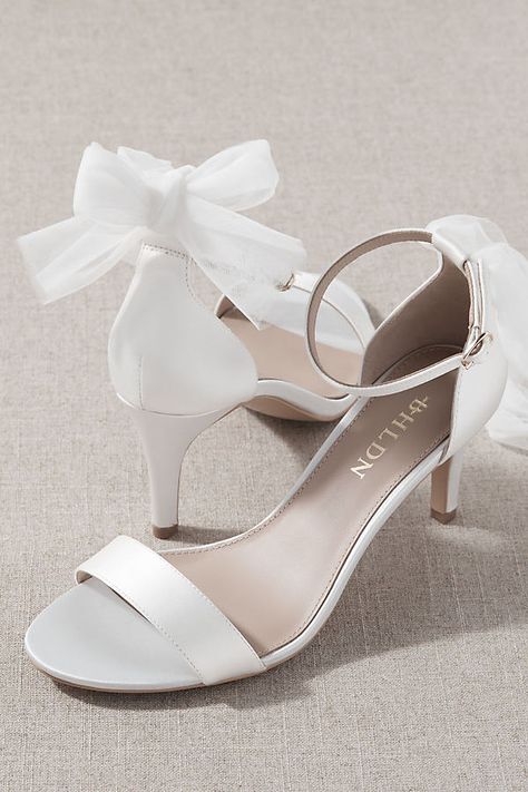 Aurelia Aesthetic, Bhldn Shoes, Wedding Sandals For Bride, American Dresses, Bride Heels, Bridesmaids Shoes, Tulle Bow, Satin Sandals, Ivory Wedding Shoes