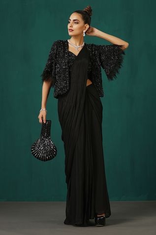 Buy Ivory Organza And Chinon Aazira Pre-draped Saree Set With Cape For Women by Dheeru Taneja Online at Aza Fashions. Black Saree Jacket Designs, Saree With Jacket, Blouse Sweetheart Neck, Black Sequin Saree, Jacket Saree, Black Net Saree, Sweetheart Neck Blouse, Sarees Black, Saree Jacket