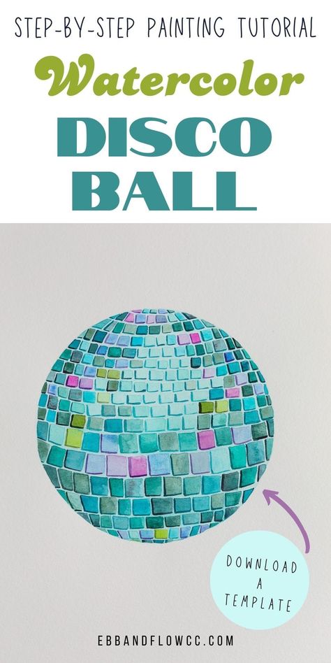 Get easy tips for painting a disco ball with watercolors. This step-by-step tutorial walks you through painting a disco ball. Watercolour Disco Ball, How To Paint A Disco Ball Step By Step, Disco Ball Art Project, Disco Painting Ideas, Disco Ball Painting Tutorial, Paint A Disco Ball, Disco Ball Painting Easy, Watercolor Disco Ball, Disco Ball Painting