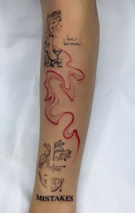 Red Shaded Tattoo, Classy Arm Tattoos For Women, Red Leg Tattoos Women, Scrapbook Tattoo Sleeve, Panel Tattoo, Art Tattoos, Wrap Around Arm Tattoo For Women, Tattoo Ideas Forearm, Red Tattoo Men