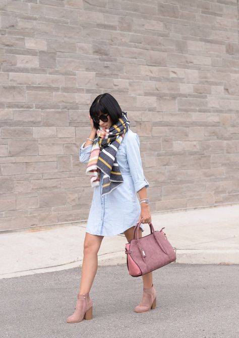 Denim light blue shirt dress with striped scarf, ankle boots, blush pink satchel purse Pink Boots Outfit, Ankle Booties Outfit, Light Pink Boots, Perfect Spring Outfit, Spring Trends Outfits, Booties Outfit, Blue Shift Dress, Denim Dresses, Pink Boots