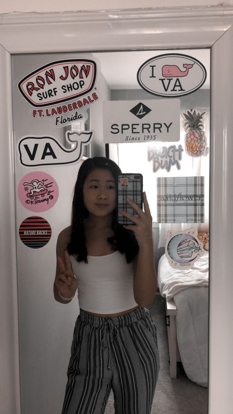 Vsco Mirror Pics, Mirror With Stickers Aesthetic, Surf Mirror, Vsco Mirror, Stickers On Mirror Aesthetic, Sticker Mirror, Mirror Stickers Aesthetic, Mirror With Stickers, Surfer Stickers